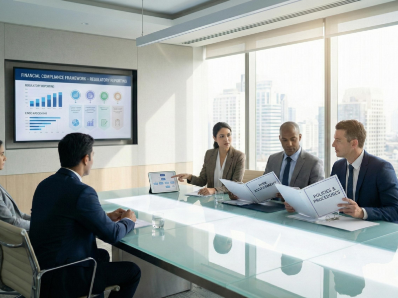 Business professionals reviewing financial disclosures and compliance documents before year-end reporting