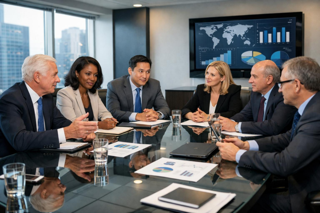 Corporate board members reviewing governance policies, compliance responsibilities, and business risk documentation