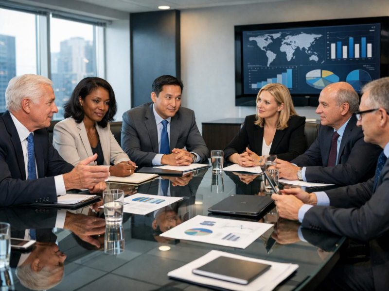 Corporate board members reviewing governance policies, compliance responsibilities, and business risk documentation